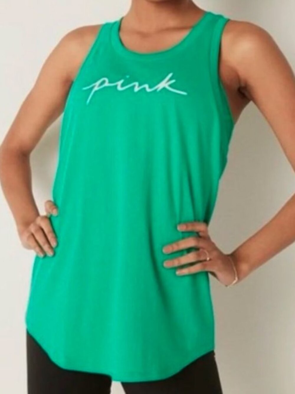 Victoria's Secret PINK Everyday Open Back Tank Green Script Logo Women NWOT Med
